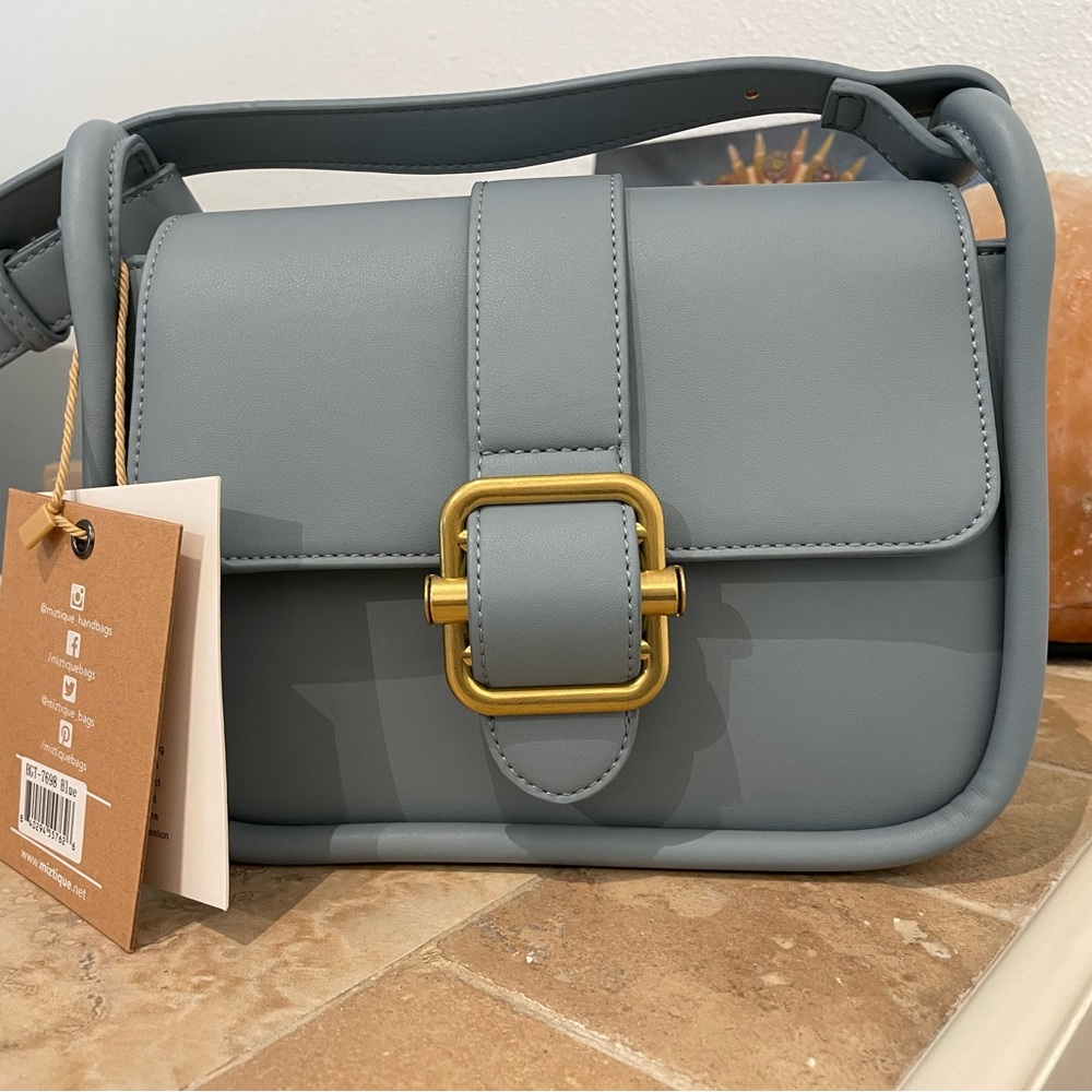 New Miztique Blue and Gold Crossbody Bag with Sleek Design